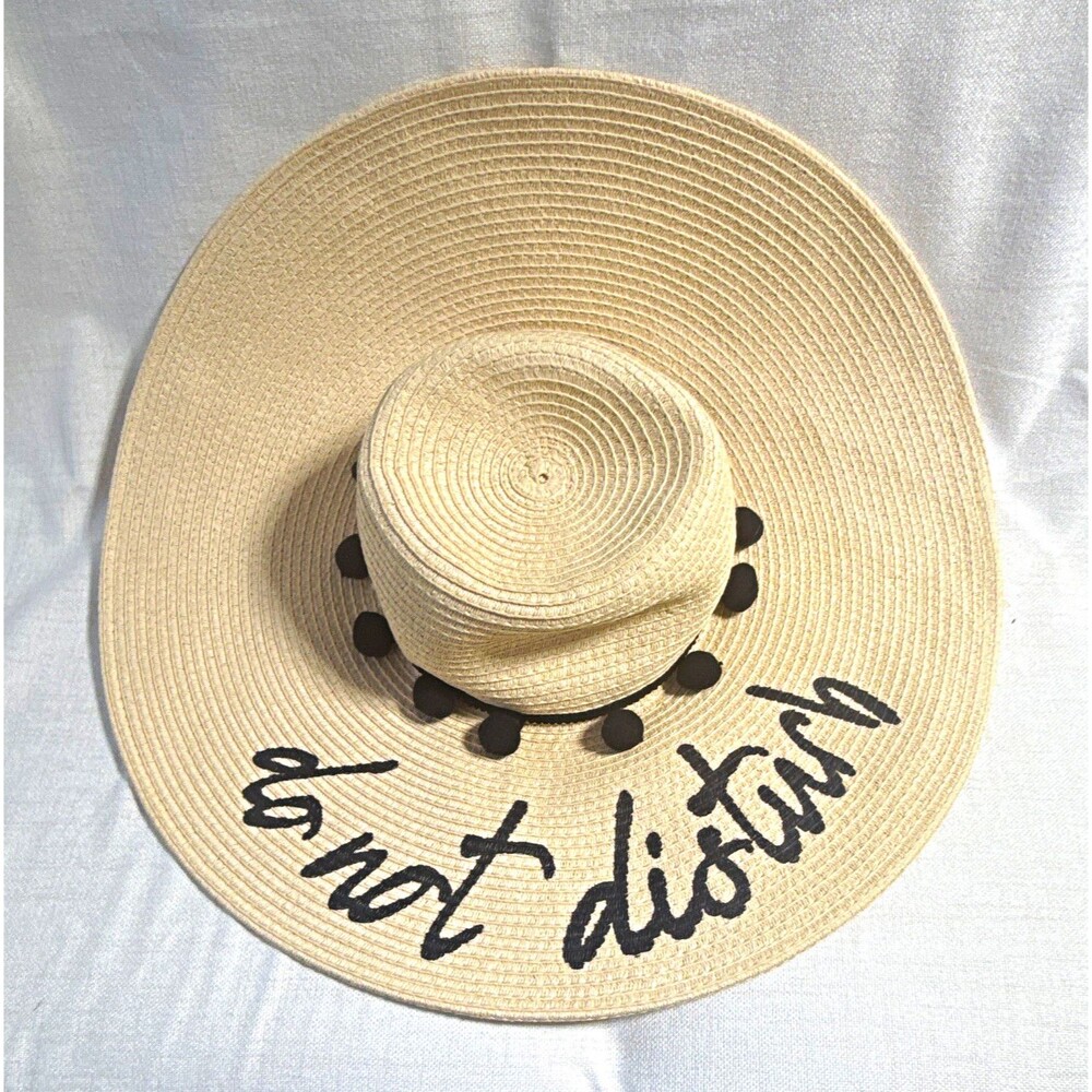 Women’s Wide Brim Straw Sun Hat Beige/Black Embroidered “Do Not Disturb”